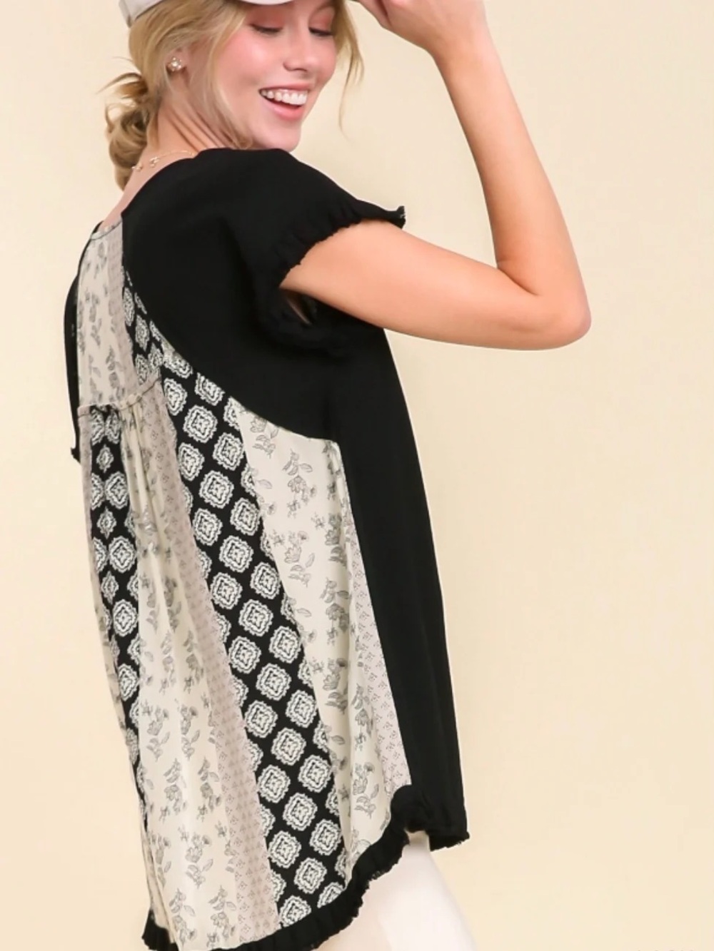 Umgee Black Linen Blend Patchwork Ruffle Fringe Tunic Size Small